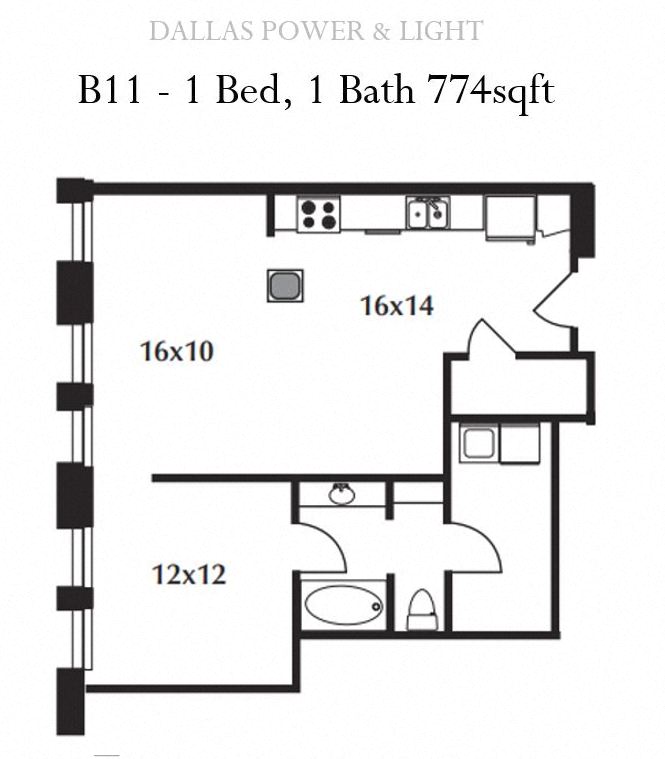 Floor plan for 1 bed, 1 bath, 774 sqft